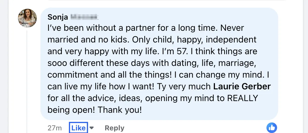 Screenshot+2024-06-11+at+11.20.00 AM.png A Facebook comment from Sonja thanks Laurie Gerber for advice and says she is happy staying open at 57.