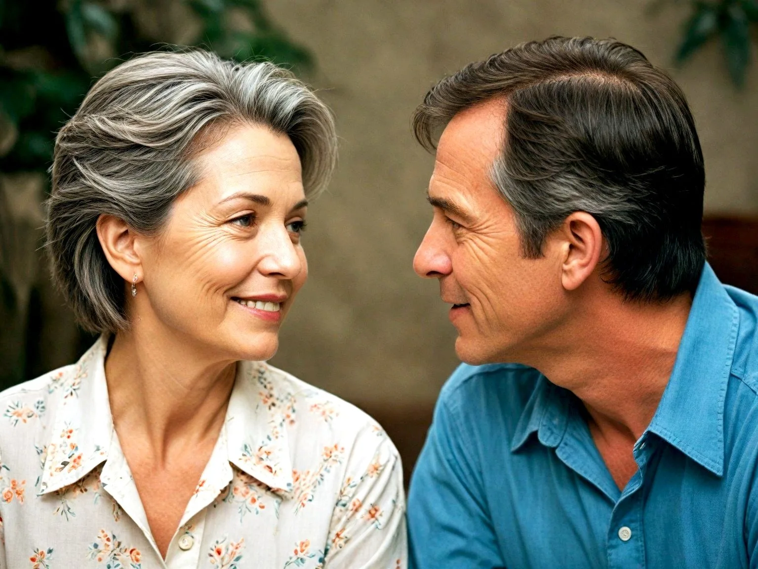 img-ihlTDCe9ZyQaT4MwNUFv4.jpg An older couple smile at each other closely, the woman in a floral blouse and the man in a blue shirt.